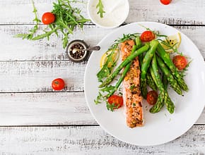 Plate showing lovely pic of salmon and asparagus