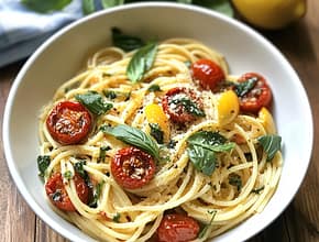 linguini with roasted tomatoes, basil, and pecorino cheese