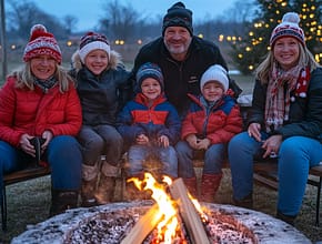 family outside christmas cold fire